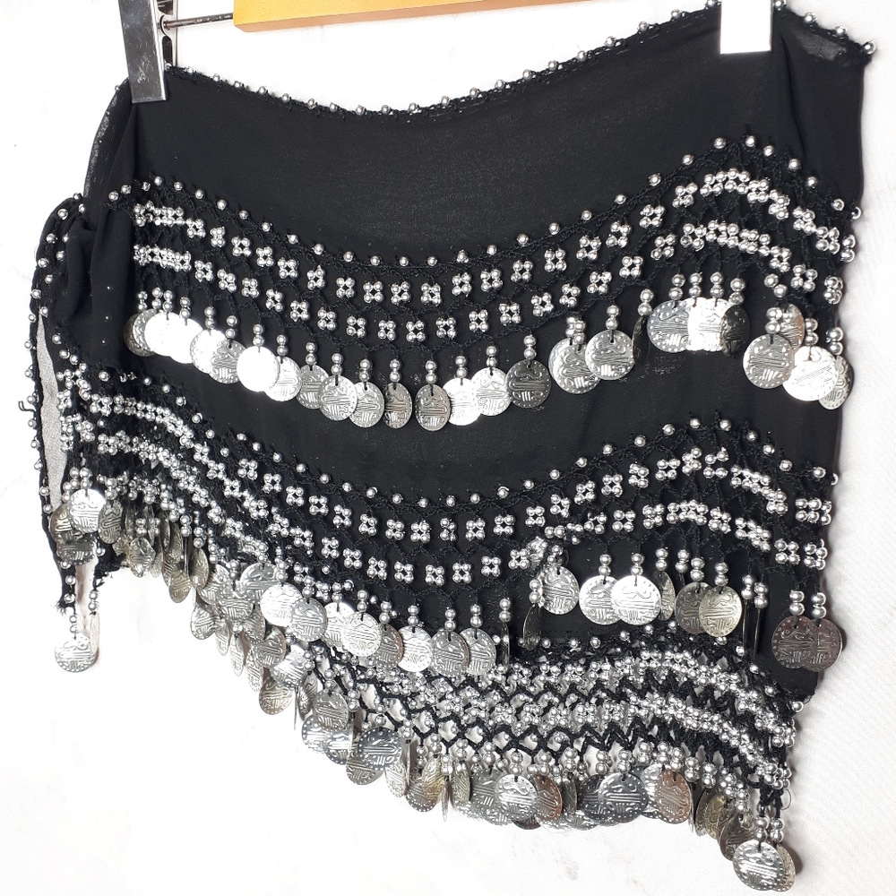 Belly Dancing Silver Coin Sash Skirt Black Jingle